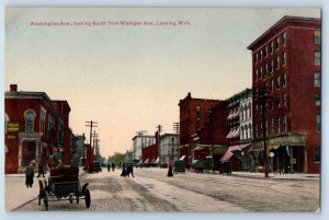 1910 Lansing Michigan MI Vintage Postcard Washington Ave Looking South Buildings