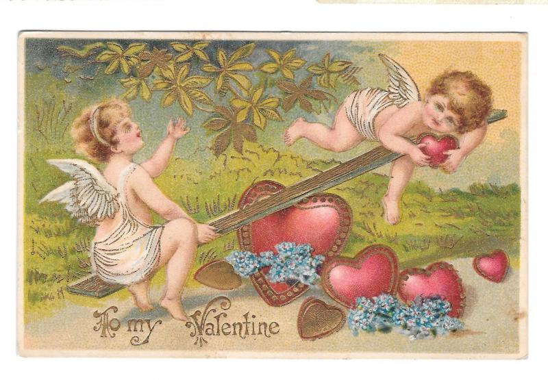 Cupids Cherubs Hearts on See Saw Teeter Totter Embossed Gilt Valentine Postcard