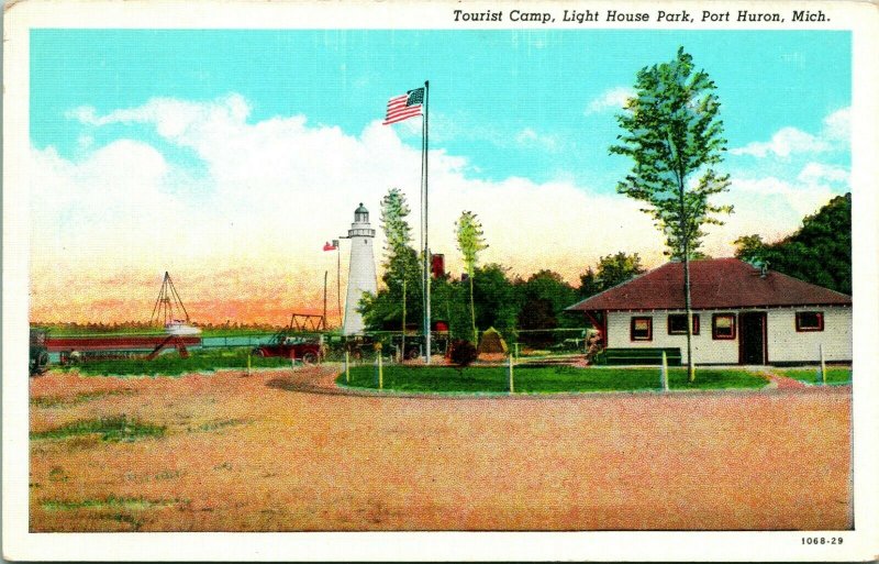 Porta Huron Michigan Mi Tourist Camp Luce Casa Park Unp Vintage Lino Cartolina