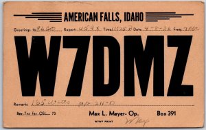 1936 QSL Radio Card Code W7DMZ American Falls Idaho Amateur Posted Postcard