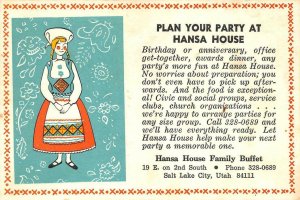 SALT LAKE CITY, Utah UT ~ HANSA HOUSE FAMILY BUFFET~Party Advertising BLANK BACK