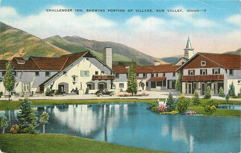 Automobiles roadside Challenger Inn 1950s Postcard Sun Valley Idaho Moore 21-820