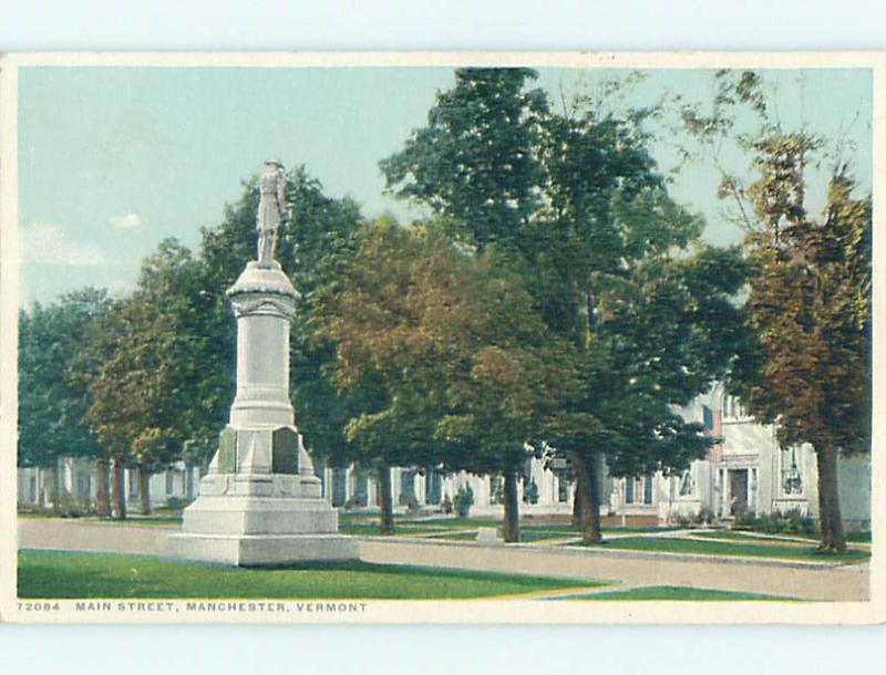 Unused W-Border STATUE & BUILDINGS ON MAIN STREET Manchester Vermont VT p0407