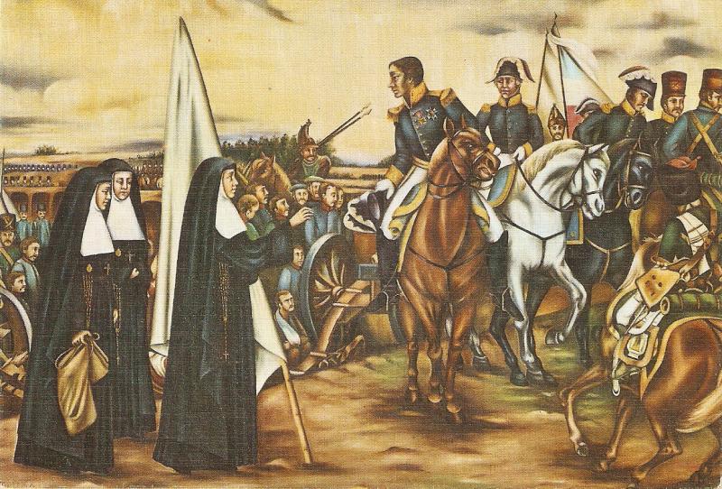 Spanish Idepencence War. French General on horse talking with nuns