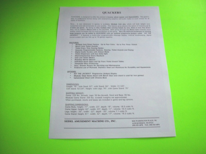 QUACKERS ORIGINAL NOS ROLL DOWN REDEMPTION ARCADE GAME MACHINE FLYER