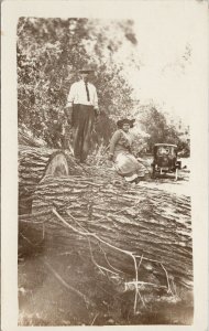 Man and Woman Huge Tree Cut Down ?? Forestry Automobile Unused RPPC Postcard G52