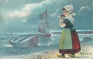 Lovely drawn Dutch girl with kitty cat folk costume 1905 postcard