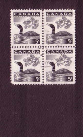 Canada, Used Block of Four, Loon, 5 Cent, Scott #369, Nice Cancel