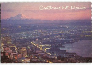 SEATTLE & MT. RAINIER Washington Sunset Aerial View 4x6 '60s Vintage Postcard