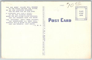 Claremore Oklahoma 1940s Postcard Will Rogers Memorial Museum Cars Flag