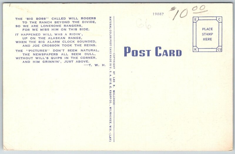 Claremore Oklahoma 1940s Postcard Will Rogers Memorial Museum Cars Flag