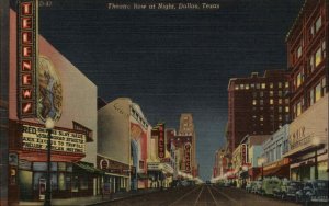 Dallas Texas TX Theatre Row at Night Neon Signs Linen Vintage Postcard