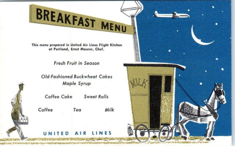 UNITED AIRLINES Air Lines   BREAKFAST MENU  Milk Wagon  c1950s  Postcard