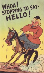 Linen Comic Postcard - Stopping to Say Hello - Fat Woman on Horse