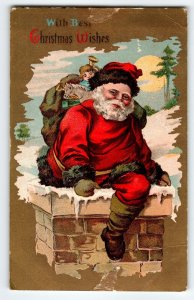 Santa Claus Christmas Postcard Saint Nick Goes Down Chimney Top Moon Clouds 1909