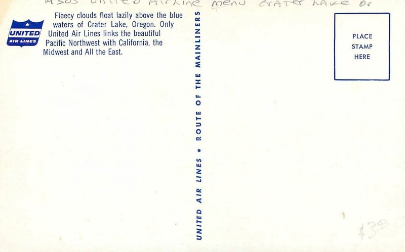 Postcard Oregon United Air Lines Menu Crater Lake 23-7704