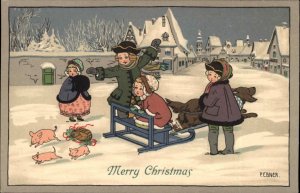 Christmas Pigs Victorian Children Pauli Ebner MM Vienne c1910 Postcard