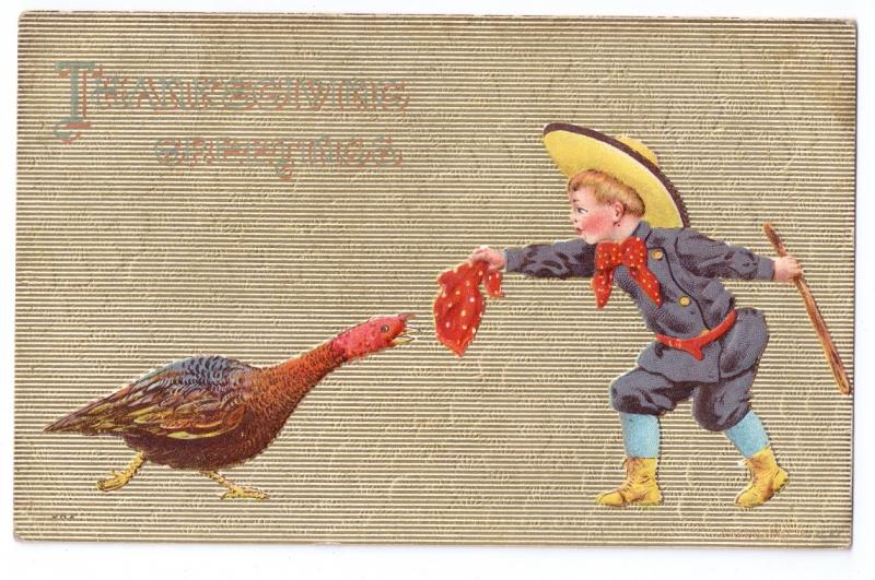 Thanksgiving Boy Teases Turkey Red Kerchief Gold Moire Vintage Embossed Postcard