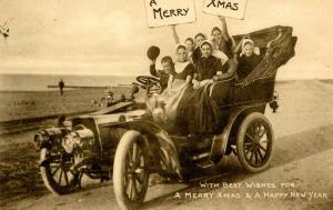 Greeting - Christmas, Old Auto with Children  *RPPC