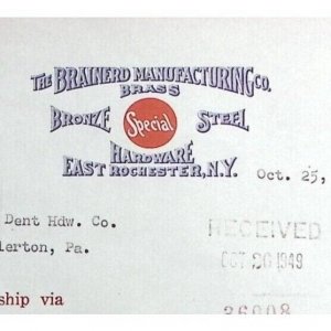 1949 EAST ROCHESTER N.Y BRAINERD MANUFACTURING CO HARDWARE BILLHEAD INVOICE Z123