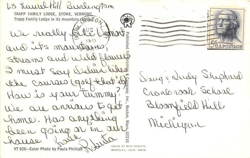 Stowe Vermont 1970 Postcard Trapp Family Lodge 