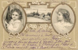 Holidays & celebrations 1900s greetings France 1906 baby girl coiffure landscape