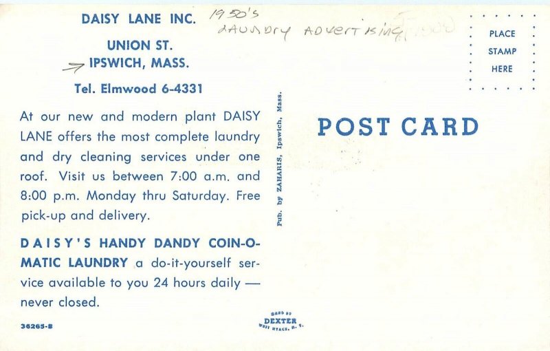 Postcard 1950s Ipswich Massachusetts Laundry Advertising Daisy Lane 24-5702