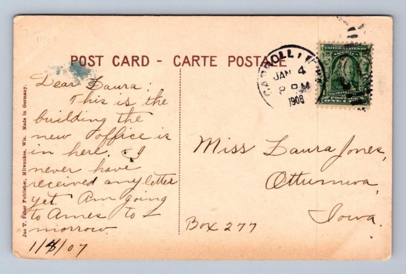 MASONIC TEMPLE CARROLL IOWA POSTCARD 1908