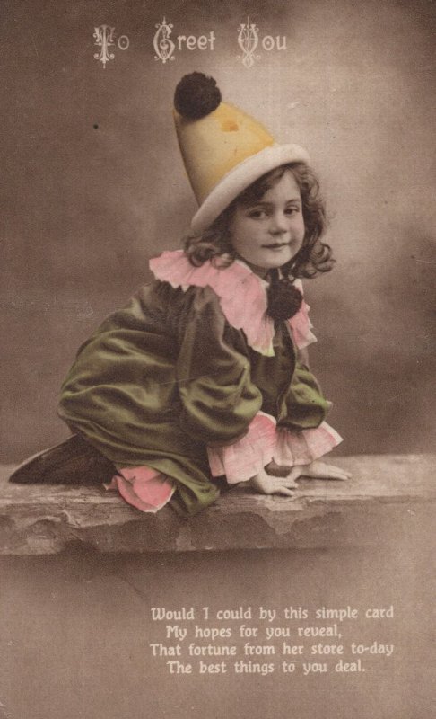 Child Dressed As Circus Clown Antique Greetings Postcard