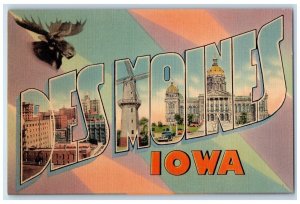 c1940's Greetings From Des Moines Iowa IA, Large Letters Vintage Postcard