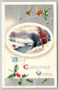 Best Christmas Wishes~Winter River Scene W/ Holly & Ivy~PM 1910~Emb~Vintage PC