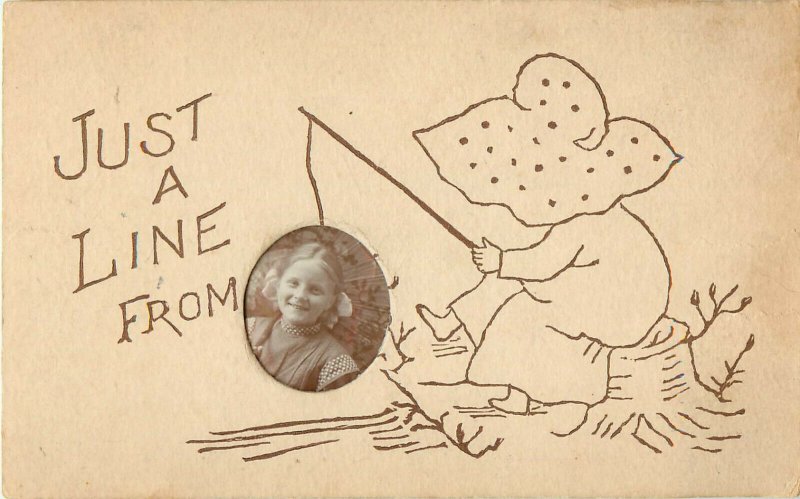 Photo Insert Postcard Fishing Just a Line From Girl in Photo Vignette Ping Pong 