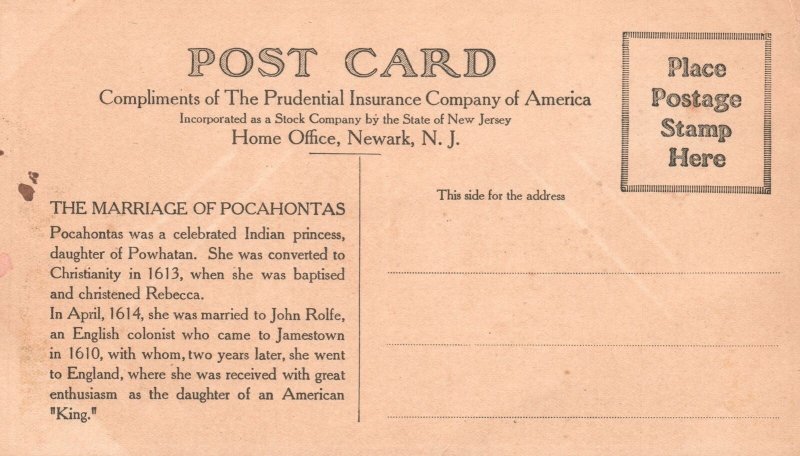 Vintage Postcard 1920's Marriage Of Pocahontas Indian Princess Powhatan Daughter