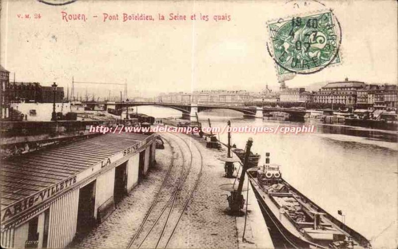 Rouen Old Postcard Boieldieu Bridge and the Seine quays