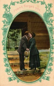 Vintage Postcard 1910s I Can't Forget You.  Man & Woman on Steps Kissing In Love