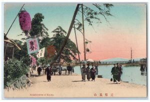 c1910 Bridge Lantern at Arashiyama at Kyoto Japan Antique Unposted Postcard