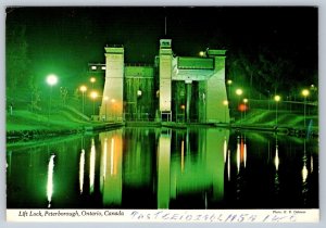 Lift Lock, Night View, Trent Canal, Peterborough Ontario, 1977 Chrome Postcard