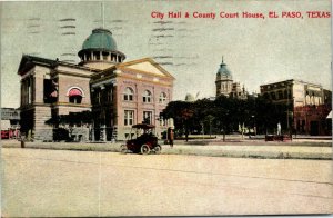 Postcard TX El Paso City Hall & County Court House Old Car 1909 S56