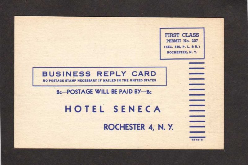 NY Vintage Hotel Seneca Rochester New York Postcard Meter Reply Card Ad PC