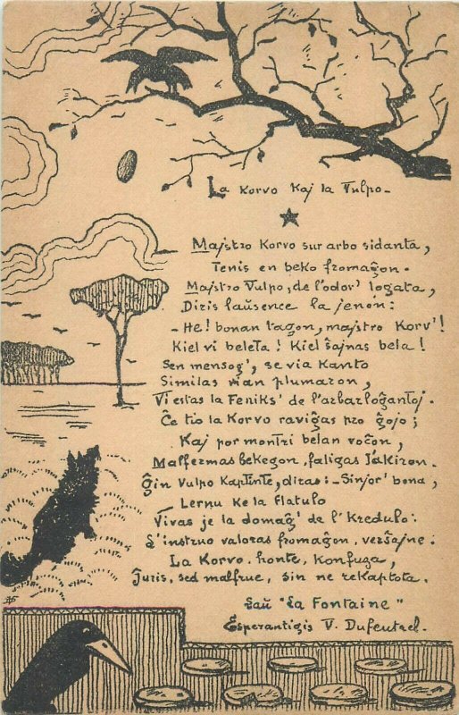 The Fox and the Raven fable esperanto language text early postcard