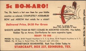 Starcraft Edinburg TX Toy Bow & Arrow w/ Safety Rubber Tip 1940s Postal Card