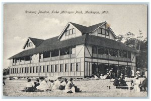 1908 Dancing Pavilion Lake Michigan Park Building Crowd Muskegon MI Postcard