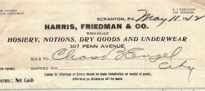 1912 HARRIS FRIEDMAN & CO SCRANTON PA HOSIERY NOTIONS BILLHEAD INVOICE Z2289