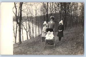 c1910's Mother And Children Baby On Stroller Lake Scene RPPC Photo Postcard