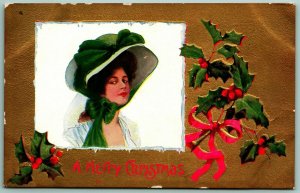 A Merry Christmas Holly Woman Large Hat Gilt Embossed UNP DB Postcard H4