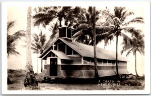 Landscape of Chapel in New Guinea, with Palm Trees - Vintage Postcard