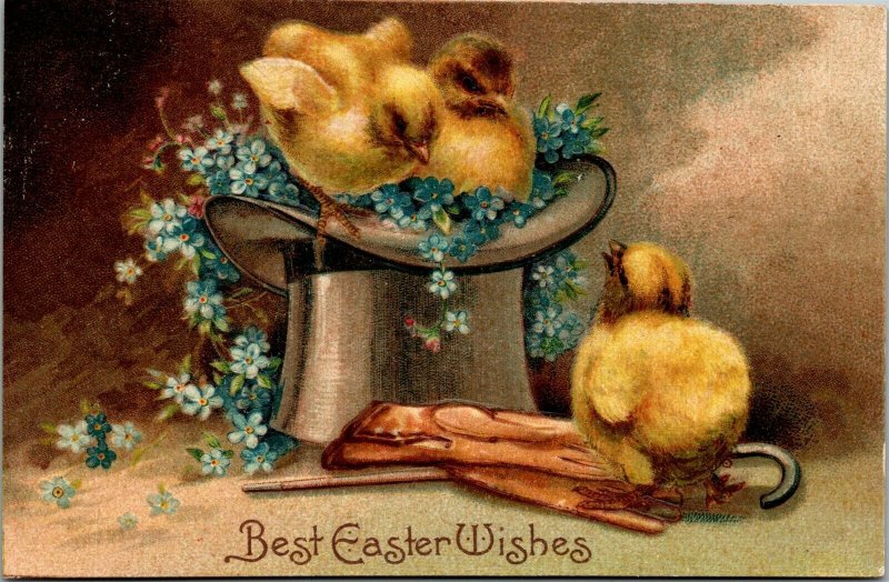 Vtg Easter Chicks on Tophat Forget Me Not Flowers Clapsaddle 1910s Postcard