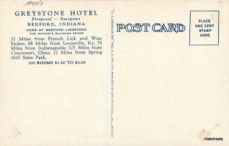 1940s Greystone Hotel Bedford Indiana interior Teich postcard 9862