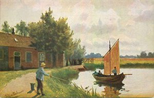 Postcard Künstler-AK Johan Georg Gerstenhauer dutch ethnic life sailboat lake