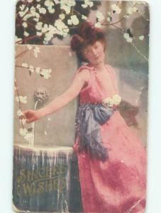 Pre-Linen Slight Risque Interest PRETTY GIRL UNDER FLOWER BLOSSOMS AB7798